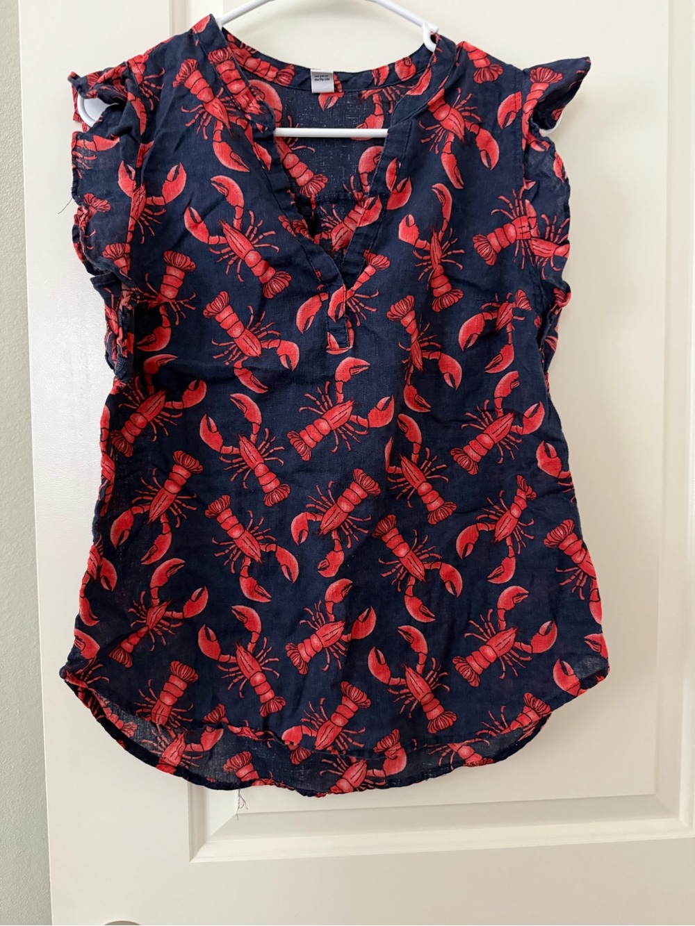 Old Navy Navy Top with Red Lobster Print and Flutter Sleeves